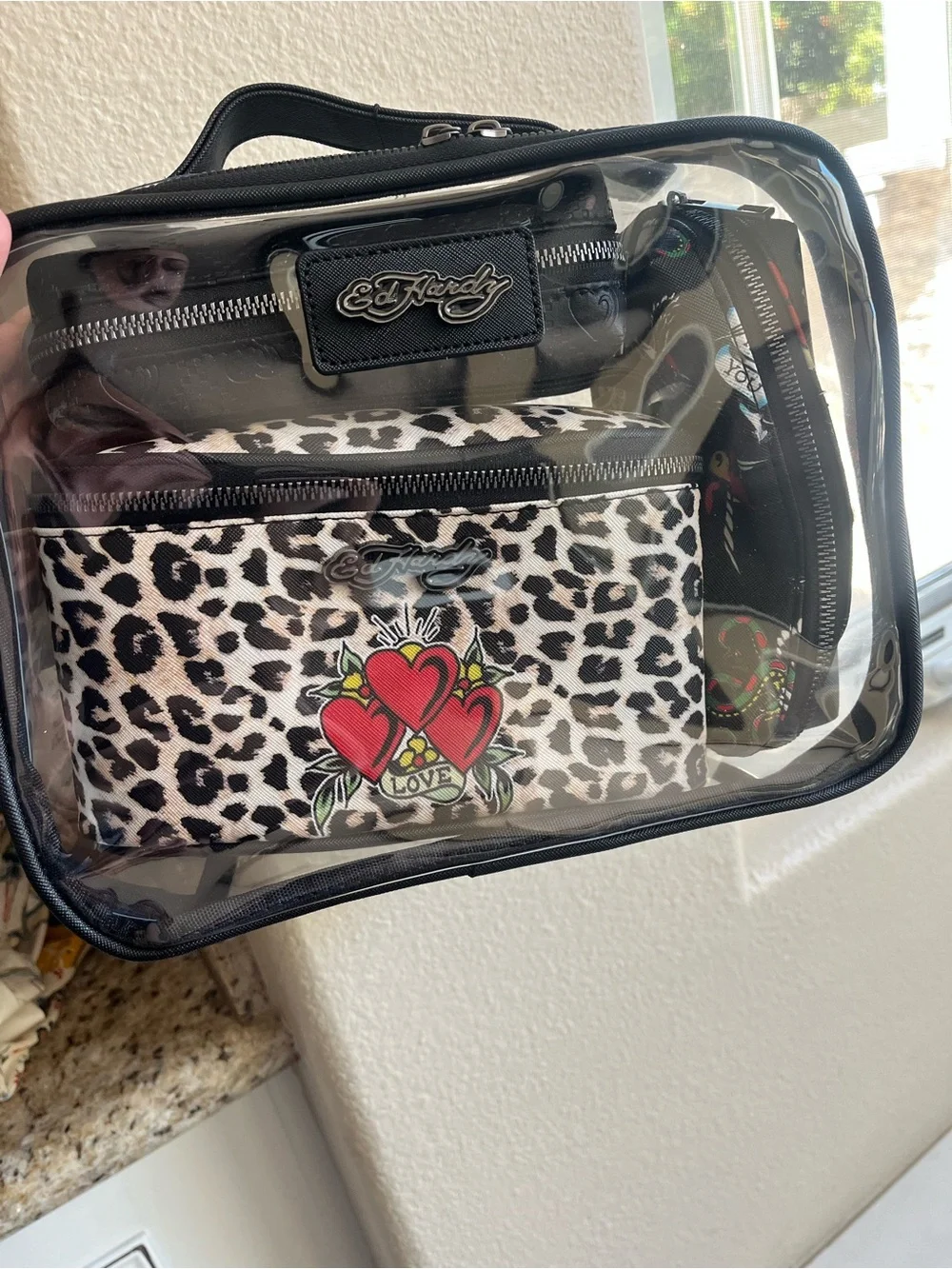 Ed Hardy 4 Piece Cosmetic Bag Set Leopard Red Heart Tattoo Skull